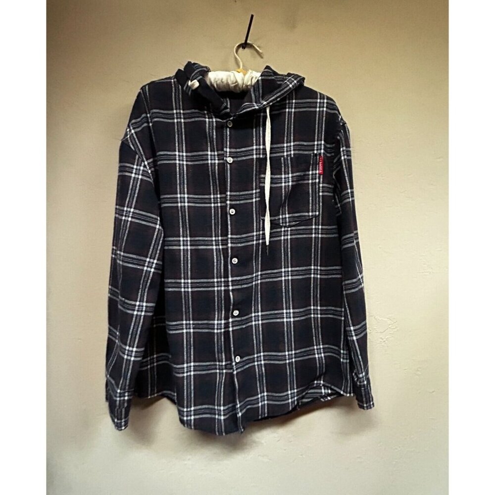 West Louis Men's Hooded Shirt Jacket Button Front Long Sleeve Plaid Size Small